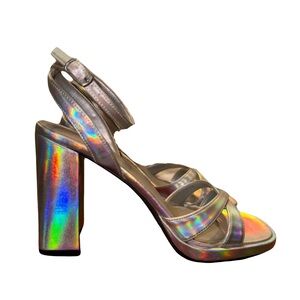 Vintage Metallic Silver Strappy Block Heel Sandals